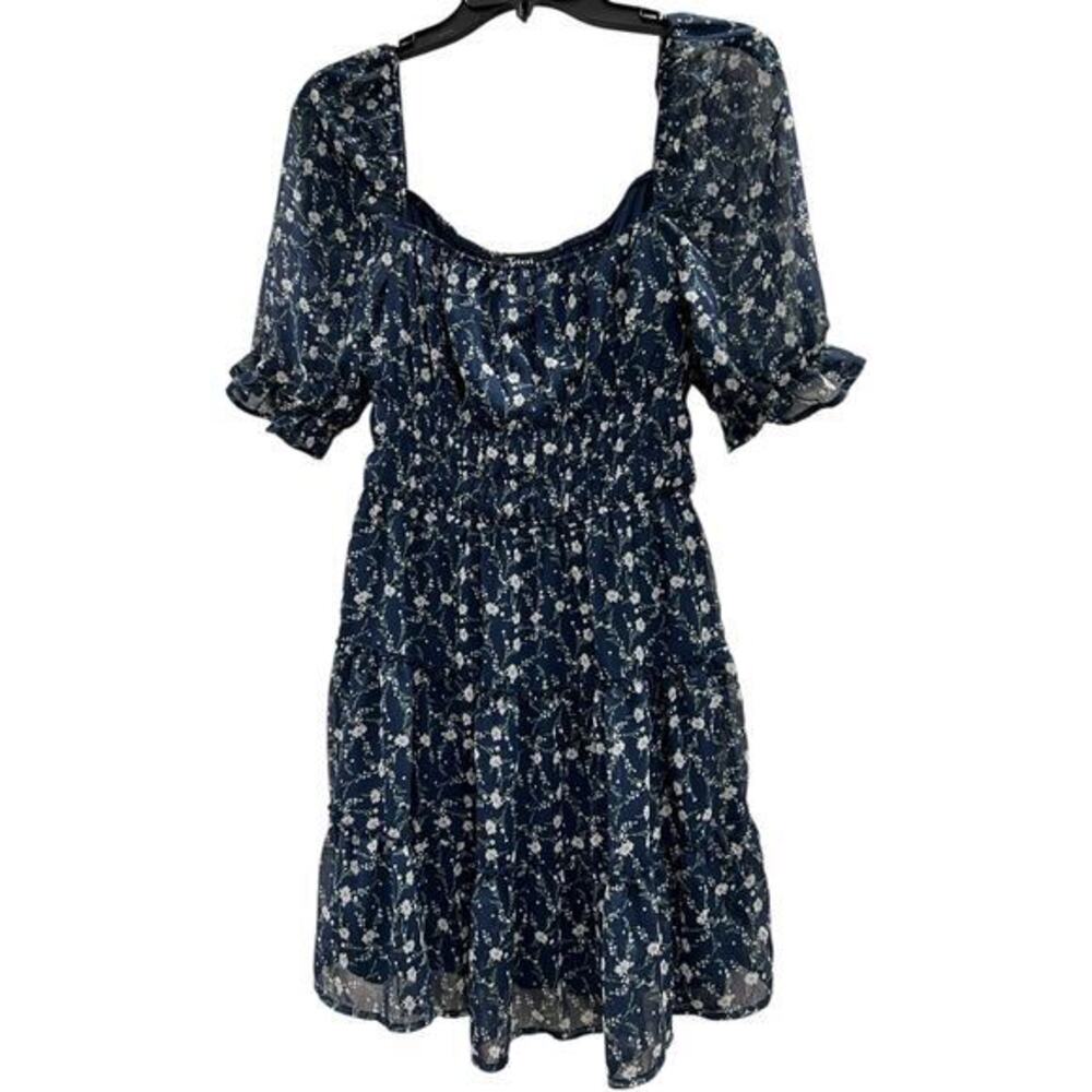 TRIXXI Blue Micro Floral fairy square neck tiered smocked dress sz M